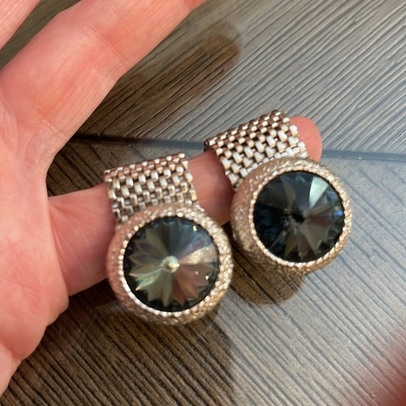 Vintage Silver-tone DANTE Bold Frame Blue Rivoli Glass Stone Mesh Wrap Cufflinks - Picture 12 of 16